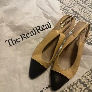 Chanel beige & black slingback heels